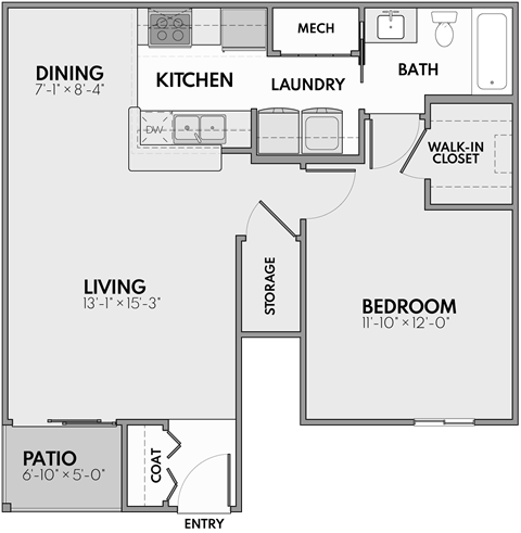 Floor plan for 1 bed, 1 bath, 750 sqft